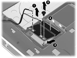 4. Remove the WLAN module by pulling the module away from the slot at an angle (4).