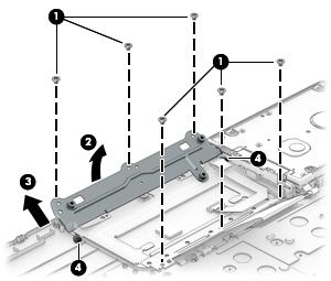 Remove the TouchPad bracket: 1. Remove the six Phillips PM2 2.3 screws (1) that secure the TouchPad and TouchPad bracket to the keyboard/top cover. 2. Rotate the TouchPad bracket upward (2).