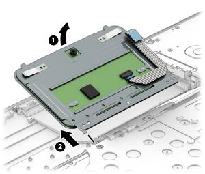 2. Pull the TouchPad away from the computer at an angle (2). Reverse this procedure to install the TouchPad.