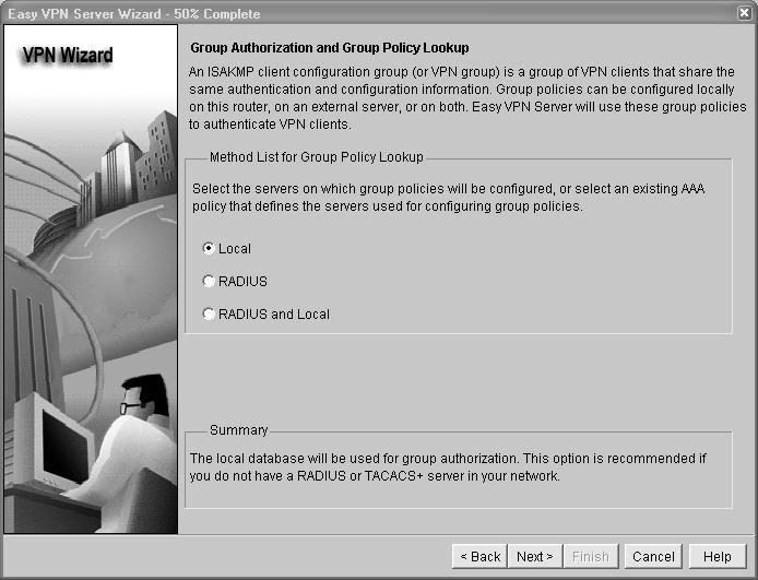 Step 5: Specify group authorization and group policy lookup. a. In the Group Authorization and Group Policy Lookup window, select the Local option.