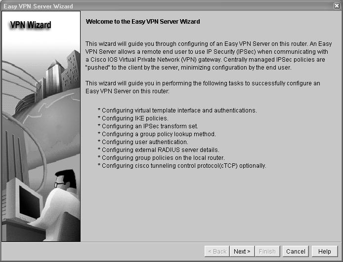 g. Now that AAA is enabled, you can start the Easy VPN Server wizard by clicking the Launch Easy VPN Server Wizard button.