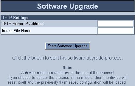 MediaPack BRI Series 6.5 Software Upgrade The Software Upgrade menu enables you to upgrade the MediaPack software by loading a new image file to the gateway using TFTP.