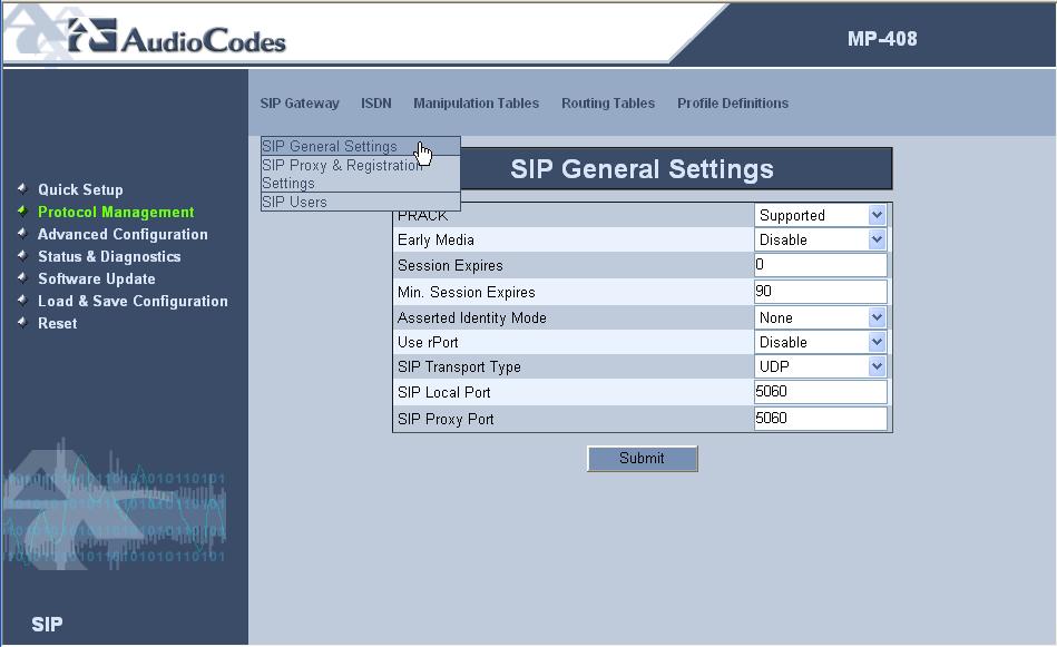 User's Manual 4. Initial Configuration To configure the SIP parameters: 1. Access the 'SIP General Settings' screen (Protocol Management menu > SIP Gateway submenu > SIP General Settings option).