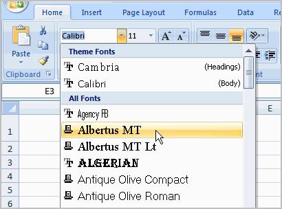 As you move over the font list, the Live Preview feature previews the font for you in the spreadsheet.