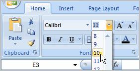 Left-click the drop-down arrow next to the Font Size box on the Home tab. Select a font size from the list.