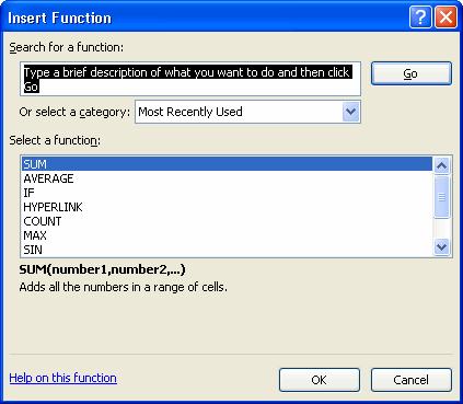 Click OK and the Function Arguments dialog box appears so that you can enter the range of cells for the function. Insert the cursor in the Number 1 field.