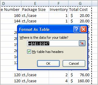 The cells will appear selected in the spreadsheet and the range will appear in the dialog box.