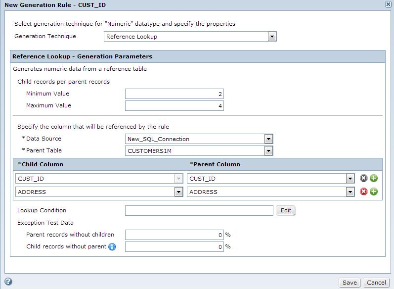 The following image shows the reference lookup generation parameters: Reference Lookup Generation Example You want to generate customer identification numbers in a column.