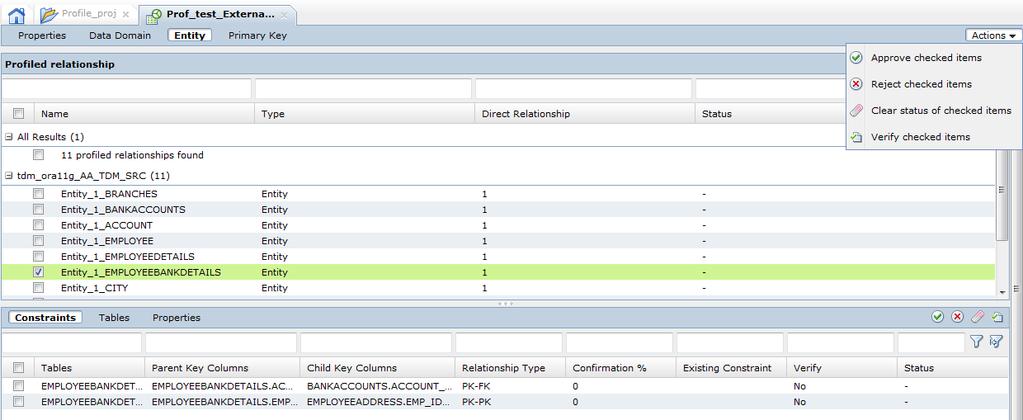 The following image shows the results of an entity discovery profile: Data Domain Discovery Results The data domain profile results show a list of source columns and possible data domains to assign
