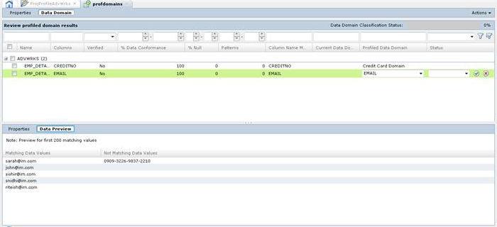 Click the Profile Data Domain view. Select a column and click on the Data Preview tab to view the source data of the selected column.