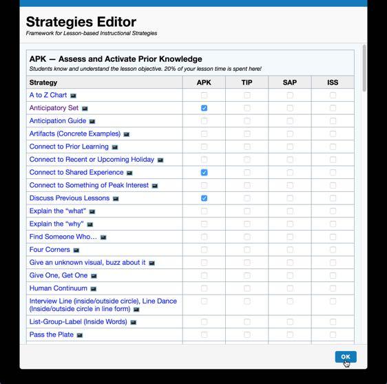 Click the name of a Strategy to view more information about its use Click the OK button Displayed is the Strategies Map for the Plan s Instruction.