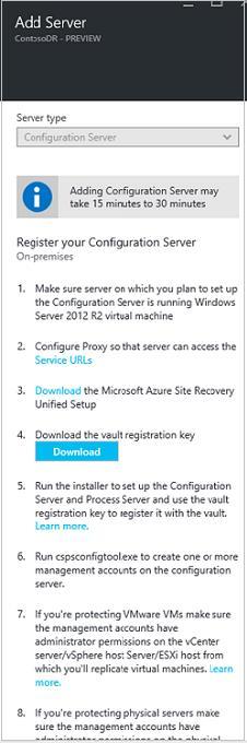Run Site Recovery Unified Setup Do the following before you start, then run Unified Setup to install the configuration server, the process server, and the master target server.