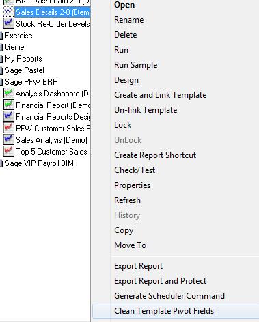4. Use the feature Clean Template Pivot Fields in the Report Manager to clear out pivot table items before exporting the report for delivery.