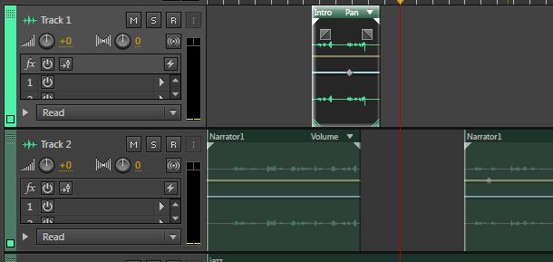 8. Trim or split the audio in track 1 to create a clip small enough to fit in the gap you just created in track 2 (Figure 25). 9.