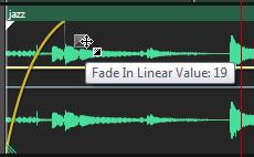 To fade audio, select a clip and drag either the Fade In or Face Out handle (Figure 26). The distance you drag determines the duration of the fade.