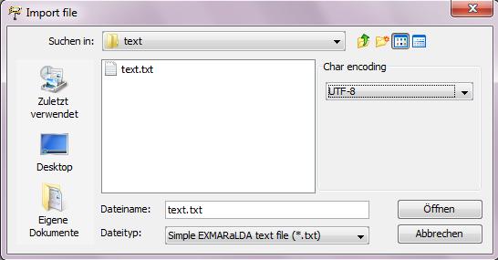 B. Importing the file into the Partitur-Editor Import the text into the Partitur-Editor by choosing Import in the File menu. First locate the text file you want to import.