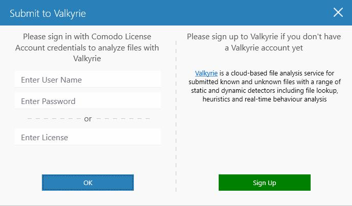 You have the option to upload unknown files (aka 'unique hash values') to Valkyrie for analysis. Click 'Yes'. The 'Submit to Valkyrie' dialog will be displayed.