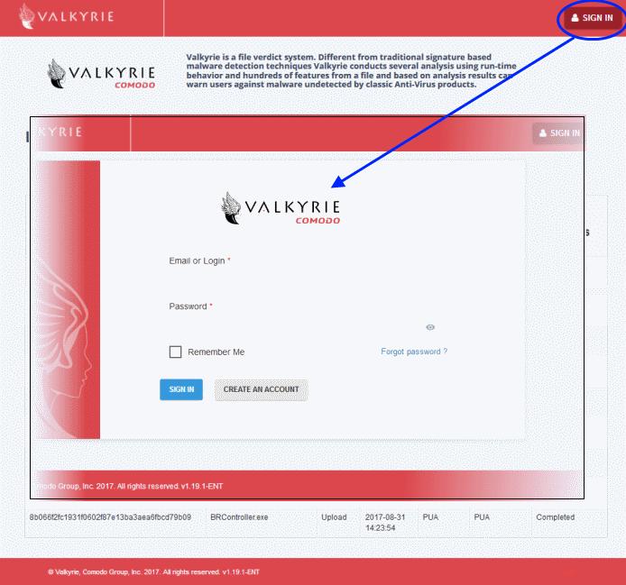 2.1 Logging into Valkyrie You can login to your Valkyrie account using any internet browser. Enter 'https://valkyrie.comodo.com' in the address bar and click 'Enter'. The home page will be displayed.