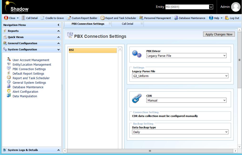 From the Navigation Menu, navigate to System Configuration PBX Connection Settings, the PBX Connection Settings is displayed in the