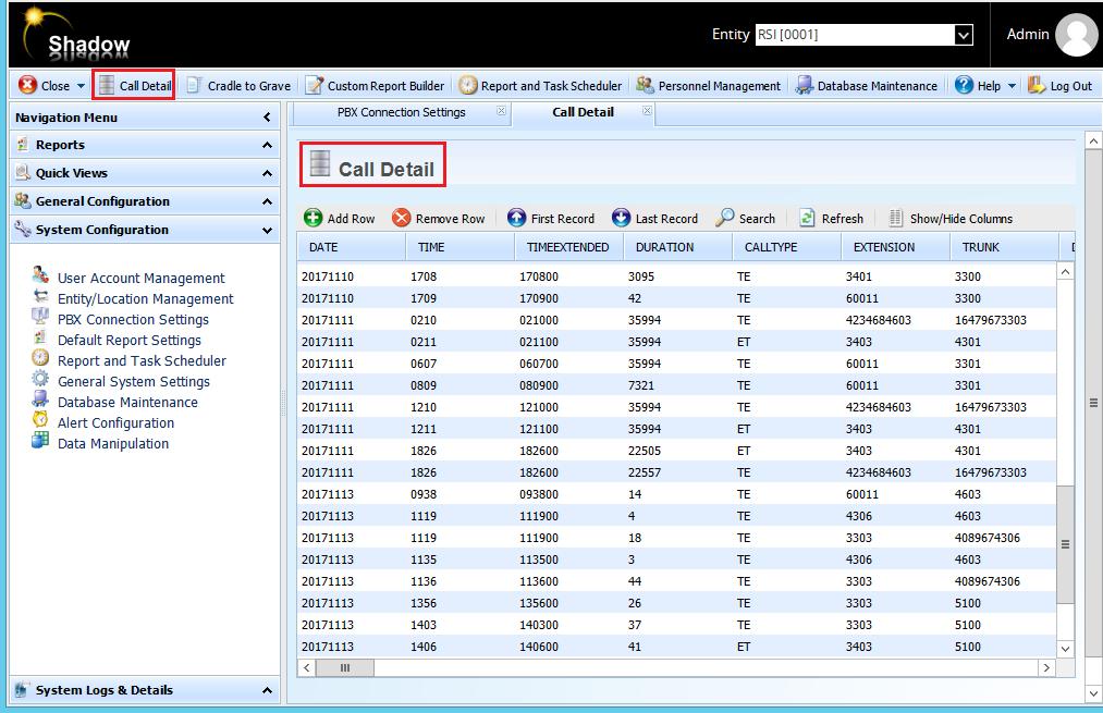 6.3. Verify CDR Data The raw CDR data can be verified by selecting Call Detail button in the horizontal menu, Call Detail