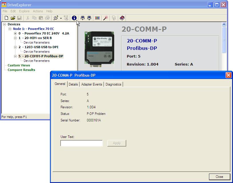 20-COMM-P Profibus Adapter Firmware v1.006 3 Using DriveExplorer Lite/Full 1. Launch DriveExplorer and go online (via 1203-USB or 1203-SSS converter) with the drive that is connected to the adapter.