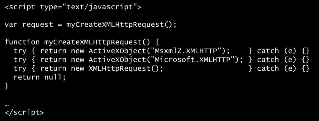 Creating an XMLHttpRequest Object The following JavaScript code creates an XMLHttpRequest object when the HTML page is loaded <script type="text/javascript"> var request = mycreatexmlhttprequest();