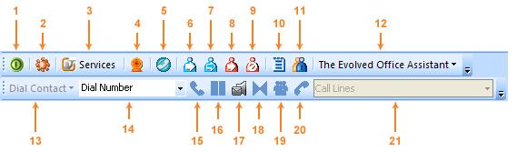 The Toolbar Figure 9 Numbered Toolbar The following legend provides the names to the buttons. This is followed by more detailed information. Legend: 1. Login button 2. Options dialog 3. Services 4.