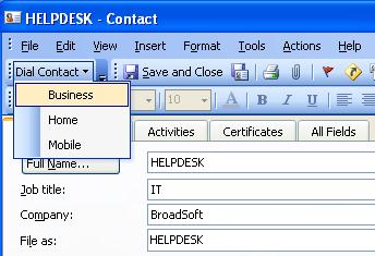 Figure 40 Dialing from vcard To dial from a vcard in Outlook 2007: 1) Click Contacts in the folder list. 2) Double click the contact you want to call.