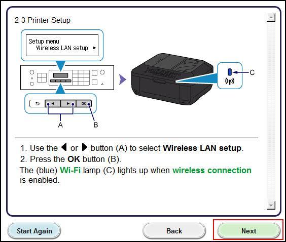 - Connecting to the wireless network Continue to follow on-screen instructions. Press the Setup button on the printer then click Next on the Printer Setup (2-2) screen.