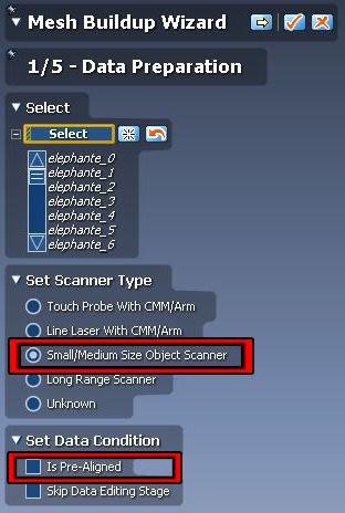 Mesh Buildup WIzard: Once your files have loaded in, the Mesh Buildup Wizard menu will show up in the top left of the screen and your individual scans will be shown in a row at the bottom.