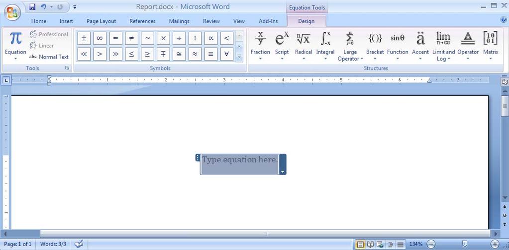 Appendix C How to Make Equations in MS Word 2007 C.1 Inserting an Equation To insert an equation, choose Insert from the pull-down menus, and choose Equation Symbols group.