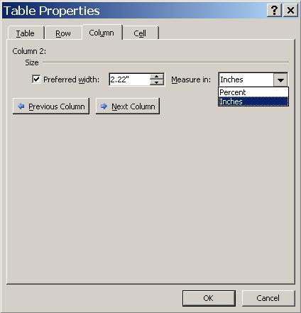 Figure C.6. Table Properties menu. Change the preferred width of each column as follows: Column 1 15% Column 2 75% Column 3 15% 5. Choose the Table tab, and make the preferred width 100%.
