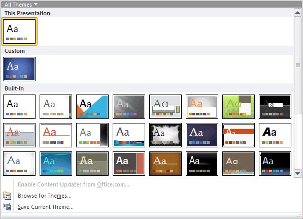 Microsoft PowerPoint 2010 provides several standard, prebuilt themes. Themes simplify the process of creating professional designer looking presentations.