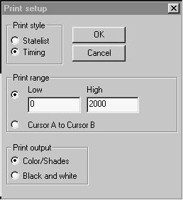 Commands 32 1. Use this command select output style (statelist or timing), Data range and mode (color or B/W). Print style: Select statelist or timing.
