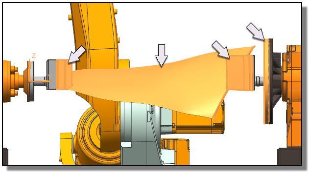 Select the blade and the three fixture bodies indicated below to define the part component. These three fixture bodies are the ones most likely to collide with the arm. 3. Click OK.