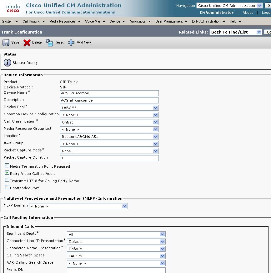 Appendix 4 Connecting CUCM to a cluster of Cisco VCS peers Configuring the trunk to Cisco VCS to specify a list of VCS peers 1. On CUCM, go to Device > Trunk. 2.
