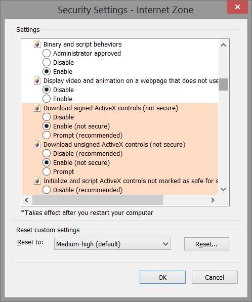 Scroll down to Active X Controls and Settings and mirror these settings Step 2: Turn off Security Warnings