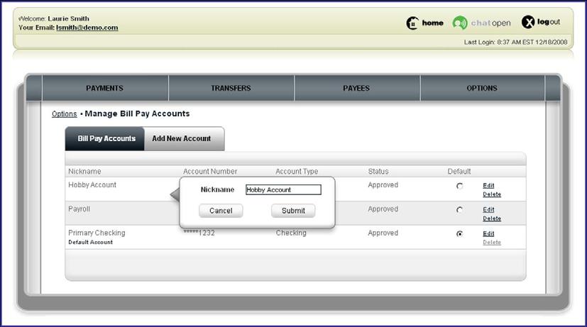 Options Tab Manage Bill Pay Accounts
