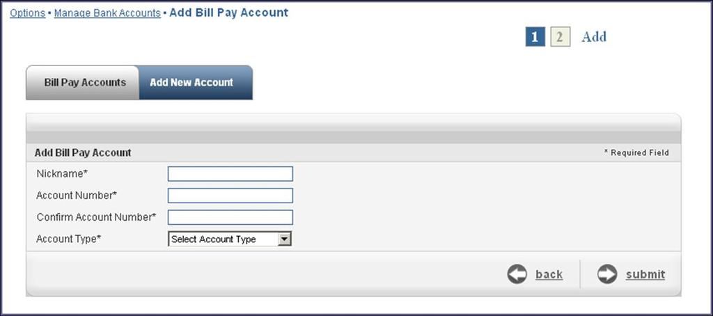 Options Tab Add Bill Pay Account With