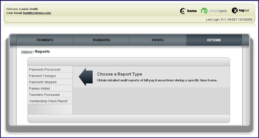 Options Tab Reports Click the Reports button to access the reports functionality.