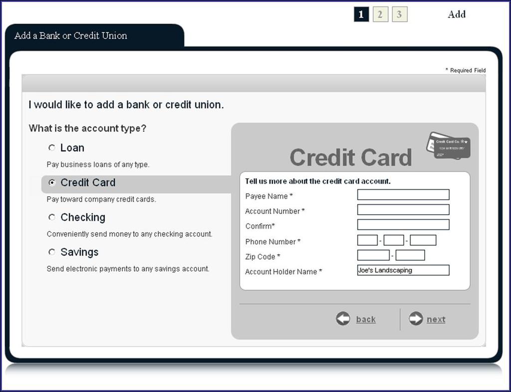 Payees Tab Credit Card Account Select