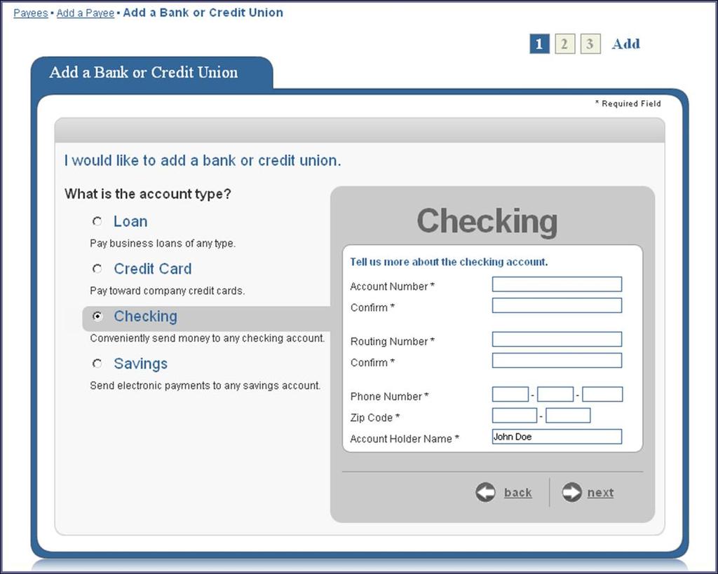 Payees Tab Checking Select the Checking: Conveniently send money to any checking account