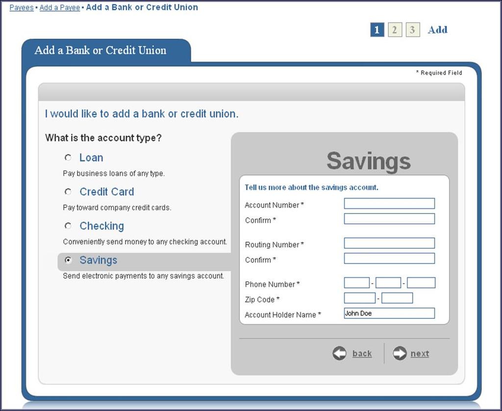 Payees Tab Savings Select the Savings: Send electronic payments to any savings account