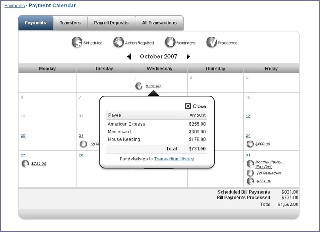Payments Tab When selecting processed transactions, a