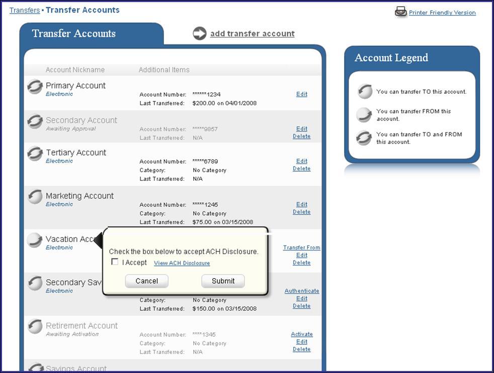 Transfers Tab Authenticating a Transfer Account When