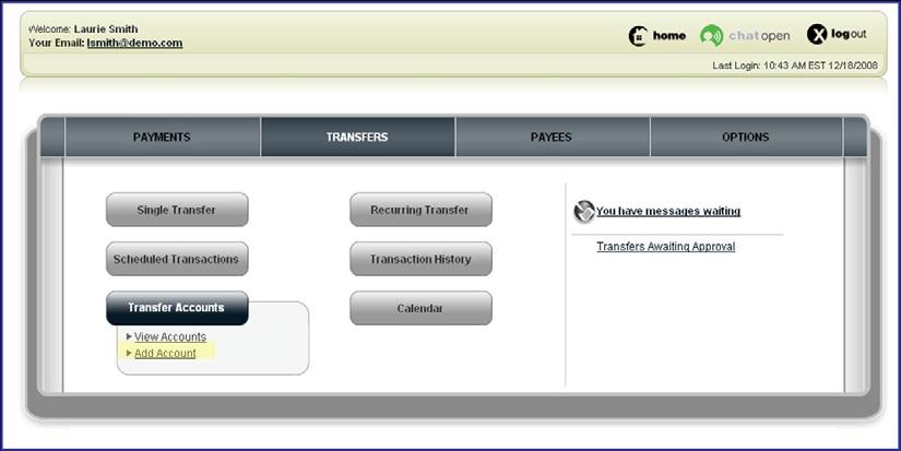 From this screen indicate if the transfer account is located at Texas Capital