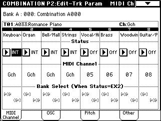 For this example, set timbres 1 4 to a Status of INT, and timbres 5 8 to a Status of Off. Set the MIDI Channel of timbres 1 4 to Gch. The parameters for A and B are the same as for a program ( p.97).