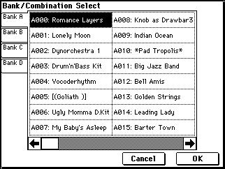 Selecting and playing a combination In Combination mode you can select a combination from banks A D and play it. Here we will show how to select preset combinations.