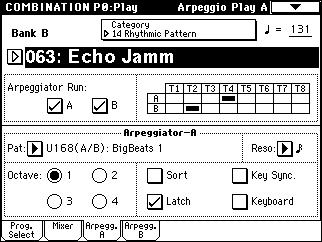 Arpeggiator-A, Arpeggiator-B For each arpeggiator A and B, you can make settings for Pattern Select, Resolution, Octave, Sort, Latch, Key Sync, and Keyboard. ( p.