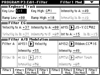 Filter 1 is used for OSC1, and Filter 2 is used for OSC2. If OSC Mode is Single or Drums, only Filter 1 will be available. Filter EG and LFO can be used to produce time-varying changes in the filter.